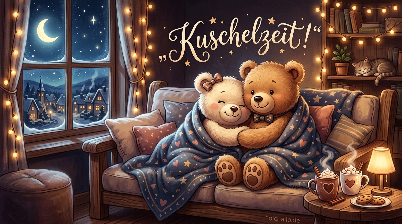 Verliebte Teddybären unter der Kuscheldecke Bilder zur Guten Nacht