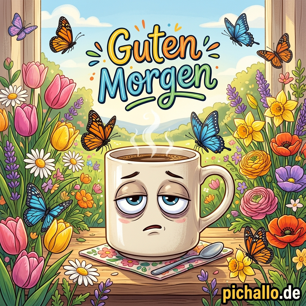 Verschlafene Kaffeetasse mit Schmetterlingen Guten Morgen Bilder