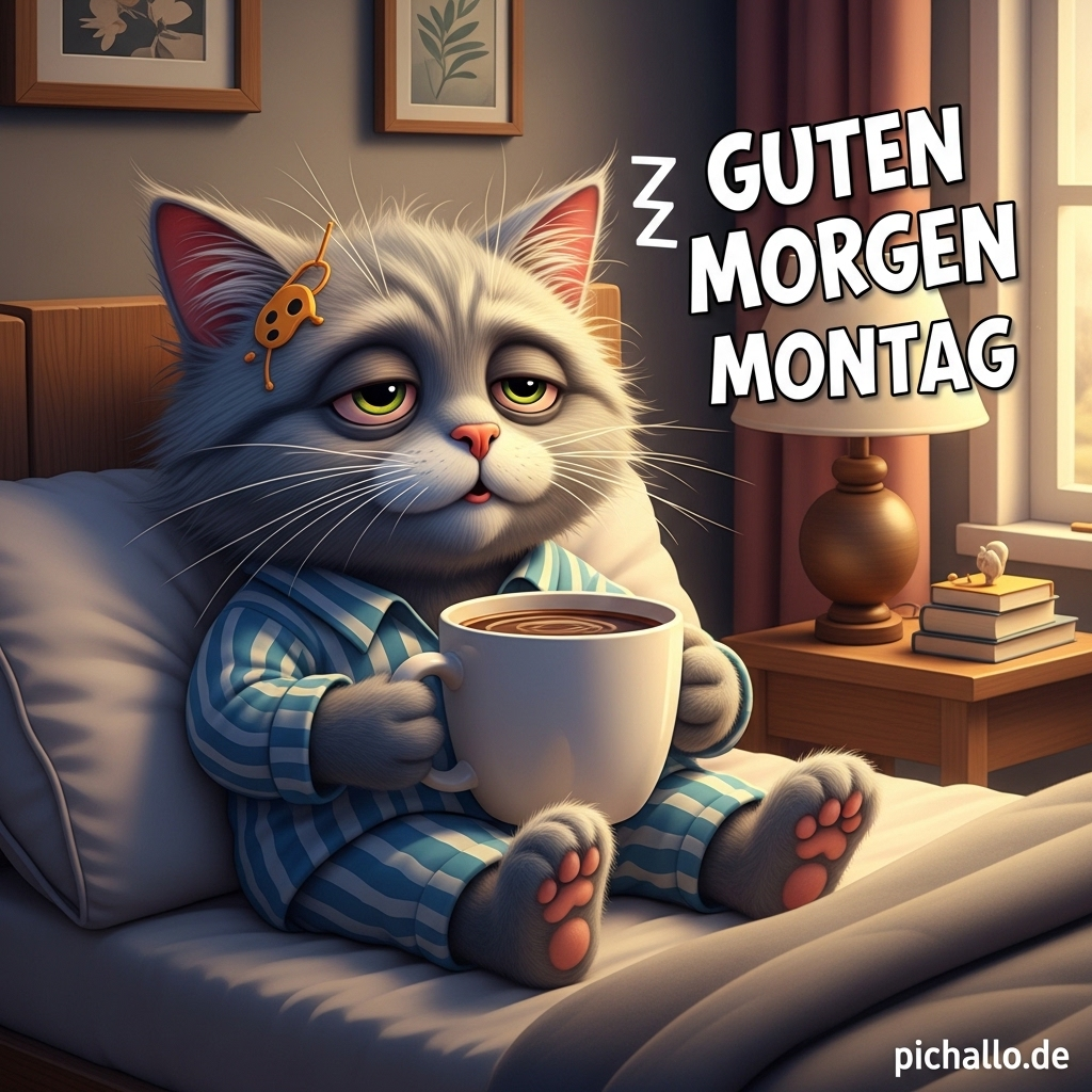 Verschlafene Katze im Pyjama Guten Morgen Montag Bilder