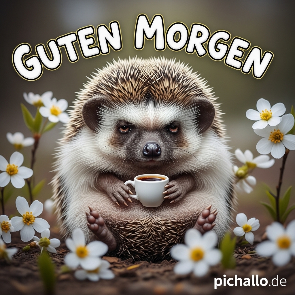 Verschlafener Igel mit Kaffee Guten Morgen Bilder