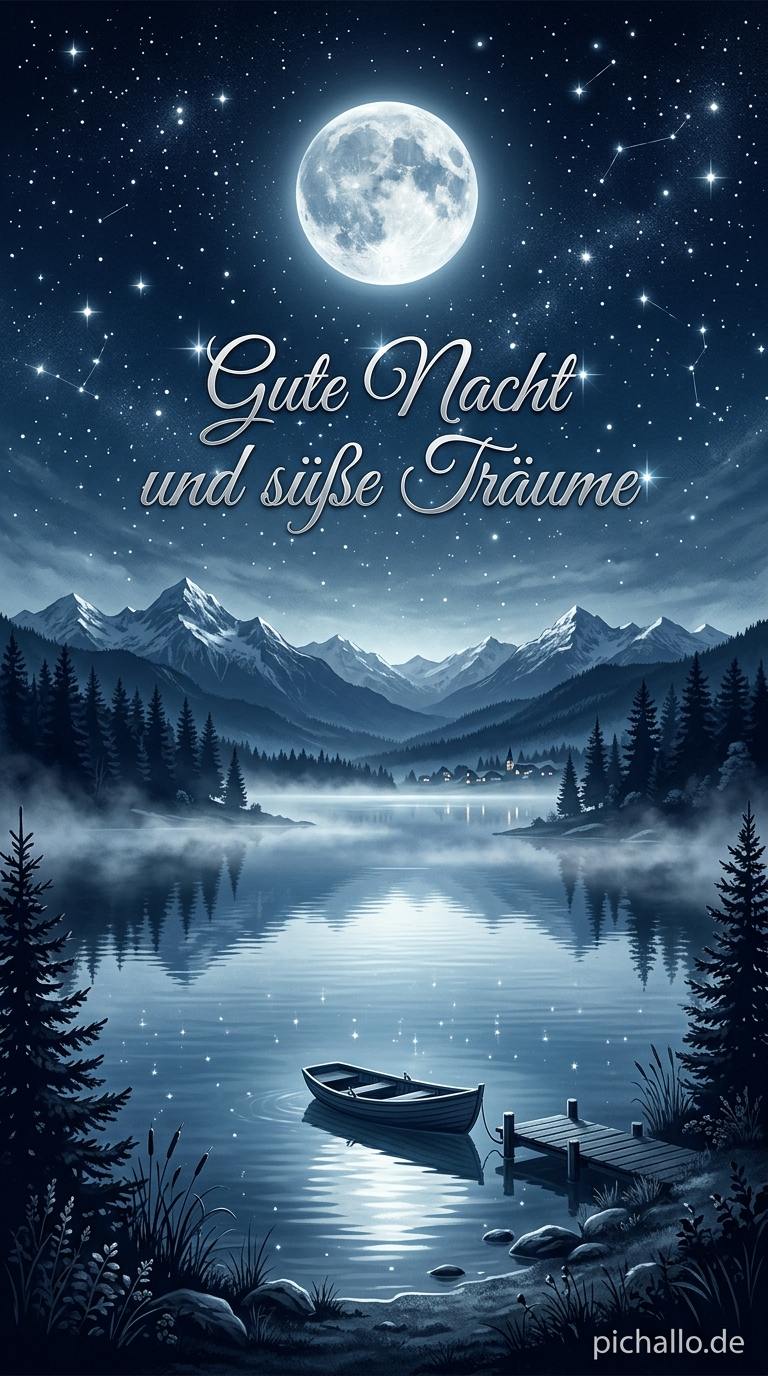 Vollmond über dem stillen See Bilder zur Guten Nacht