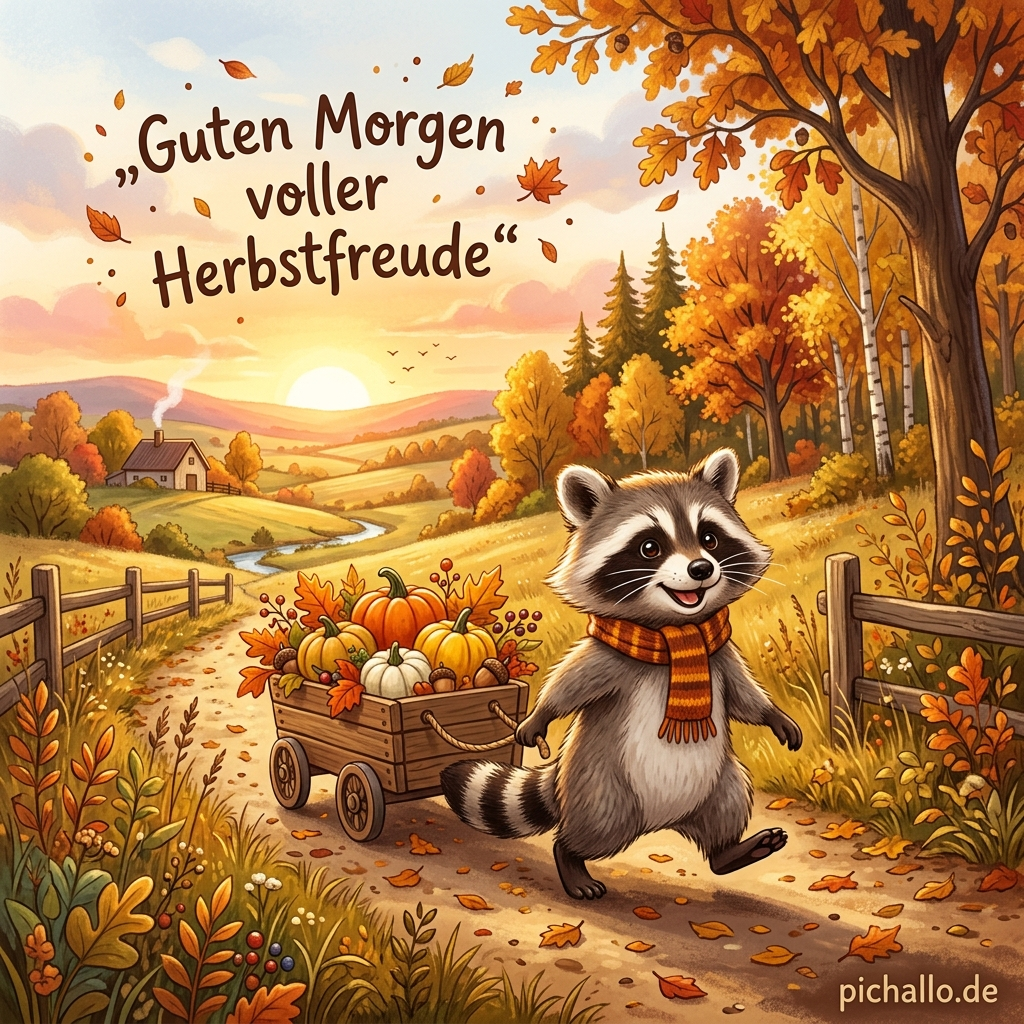 Waschbär mit Kürbiswagen Bilder für herbstliche Morgengrüße