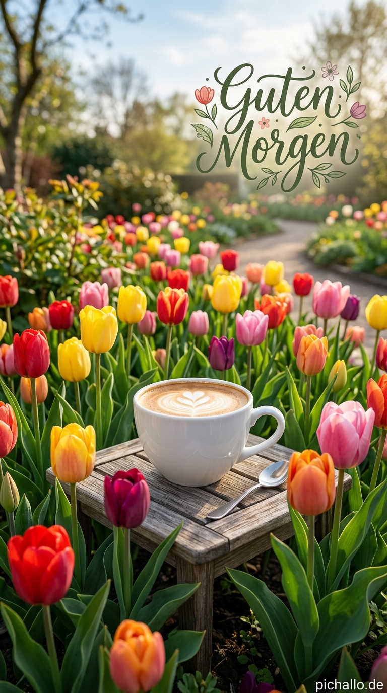 Weiße Kaffeetasse inmitten Bunter Tulpen Guten Morgen Bilder